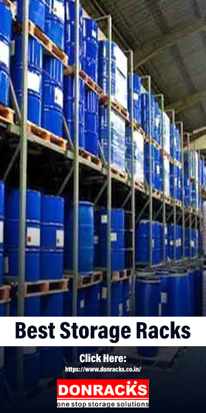 A Group of Blue Metal Barrels Arranged In Best Storage Racks For Chemical Industry Purpose.